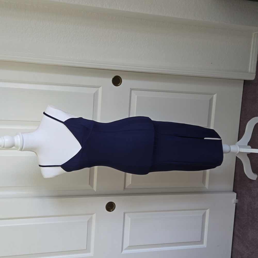 Forever 21 Navy Blue Stretch Midi Dress Small | Adjustable Straps, Side Slit - Picture 4 of 8